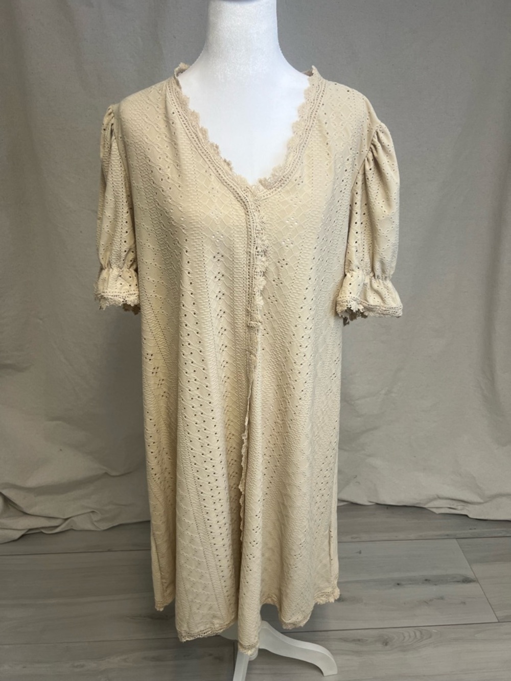 Cottagecore Cream Eyelet Lace V-Neck Cotton Dress Coquette Coastal Cowgirl - Picture 1 of 7